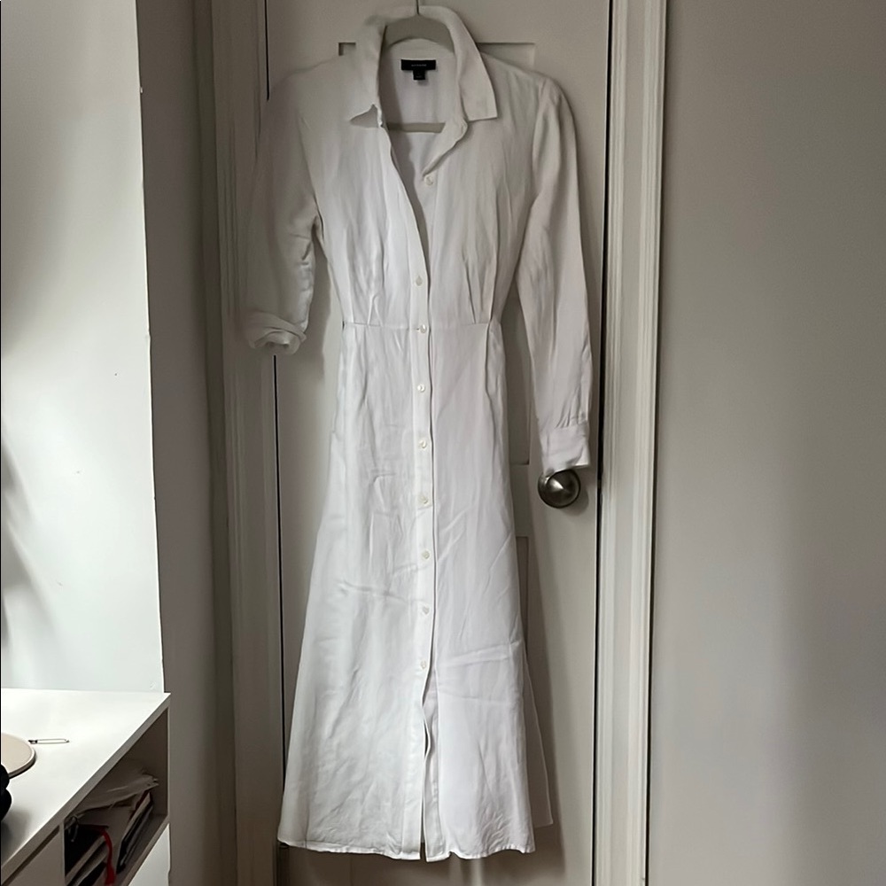 Linen Blend White Button-Down Dress